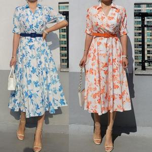 꽃 카라 랩 벨티드 플라워 여자 롱 플레어 원피스 룩