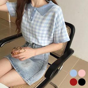 여성티셔츠 목카라 단추 반크롭 니트티