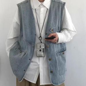 빈티지 레이어드 오버핏 청 조끼 남성 패션
