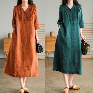 4컬러 코튼 면 린넨 여성 7부 소매  여름 여자 롱 원피스 MA8230