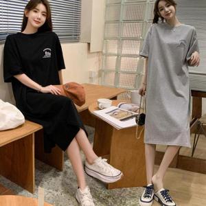 여성 앞뒤 영문 레터링 트임 반팔 원피스 URK-342