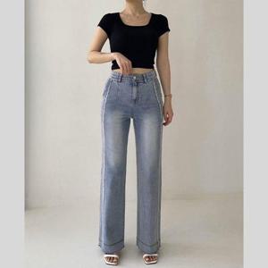 하이 와이드 밴딩 절개 수술 통 팬츠 데님 청 바지 룩