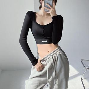 긴팔 크롭 골지 스퀘어넥 티셔츠 JSC-24080402