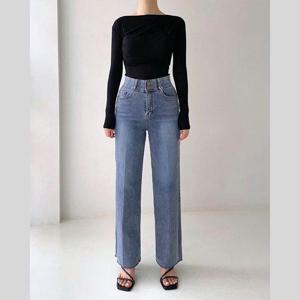 투버튼 데님 워싱 스판 통 와이드 일자핏 청바지 코디