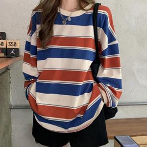 [잇백잇슈] 캐주얼라운드긴팔티 레트로 줄무늬 오버핏