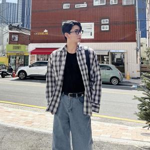 남자체크남밤 시어서커 링클프리 오버핏 여름 체크 셔