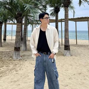 남자여름긴팔셔츠 시스루 시어서커 남녀공용 오버핏