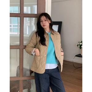 헤지스 여성 24FW 퀼팅 베이지 체크 안감 코듀로이 배색 숏 퀼팅 점퍼 HSJU4DC91I2