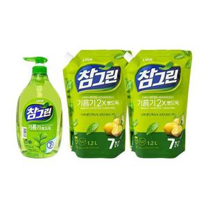참그린 주방세제 녹차 기름기 뽀드득 용기 1kg + 리필 1.2L x2