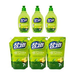 참그린 주방세제 녹차 기름기 2X 뽀드득 용기 500g x3 + 리필 1.2L x3