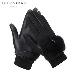 [세인트앤드류스] 여성 퍼 리본 레더 믹스 양손 장갑