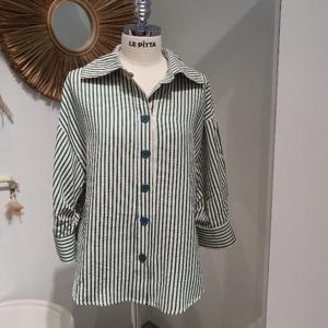 르피타 HC06 스트라이프 칠부 블라우스(그린) L252UBL401