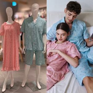 [비너스]크리즈 핑크 잔꽃나염 여성 원피스 커플파자마SET (VGN4535 VPA4535M)