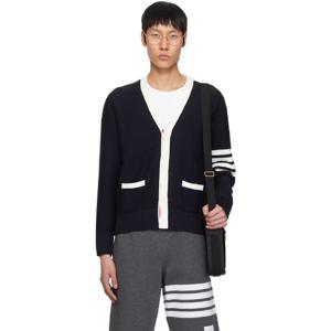 톰브라운 가디건 네이비 코튼 스트라이프 루즈 핏 헥터 브이넥 가디건 251381M200019