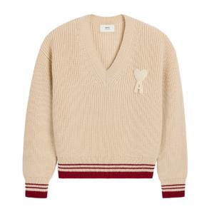 아미 울 립 브이넥 스웨터 화이트크림 UKS268 KN0068 136