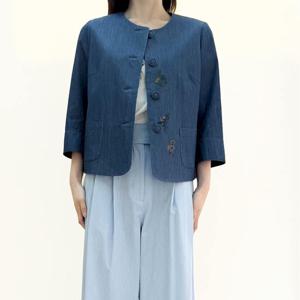 [비꼴리끄(여성)]컬러 데님 자수 카라리스 자켓 B252DJ2080