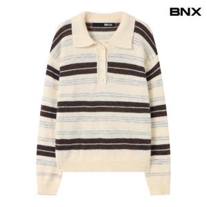 [비엔엑스]스트라이프 카라 반버튼 긴팔 니트 (BX4KP010L0)