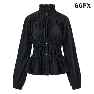 [GGPX]프릴넥 끈 데일리 셔링 블라우스 (GPDBA003D)