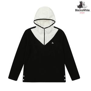 [블랙앤화이트] 여성 우븐믹스 후드 반집업 티셔츠 9103LXHP_BLACK