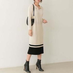 [더폰드]  카라 플리츠 배색 니트 롱원피스[3컬러]