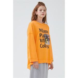 밀라노 레터링 포토 프린트 언발 롱 티셔츠 오렌지