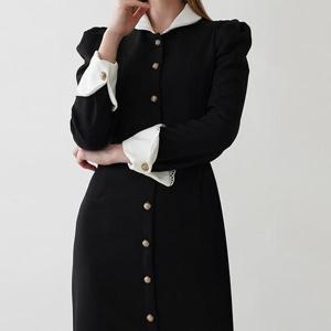 보이 블랙 배색 카라 소매 레이스 퍼프 롱 원피스