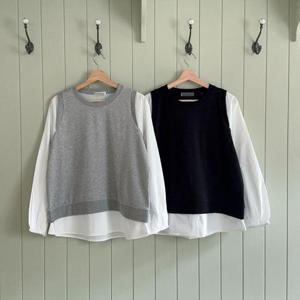 빅사이즈레이어드티 S798L409 플러스라운드퍼프긴팔티 SM