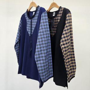 빅사이즈레이어드티 S881L410 프릴리본체크배색긴팔티 MN