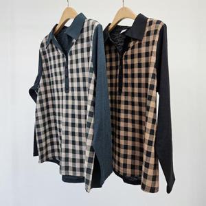 빅사이즈카라티 S919L410 스톤체크카라배색티 MN