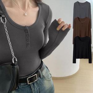 여성 티셔츠 외출복 단추 골지 긴팔티 깔끔한 이쁜