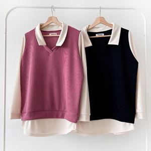 빅사이즈카라티 T153L411 피플카라레이어드배색티 BS