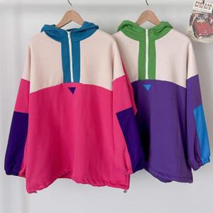 빅사이즈배색티 T348L411 솜사탕양기모후드긴팔티 PO