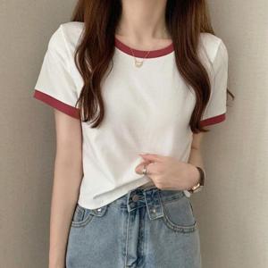 투톤 배색 포인트 크롭 반팔티 DHH-E43