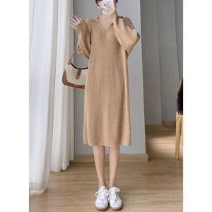 G125948_루즈핏 V넥 후드 니트 롱원피스