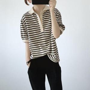 [써니 패션] 여성 카라 데일리 루즈핏 단가라 반팔티