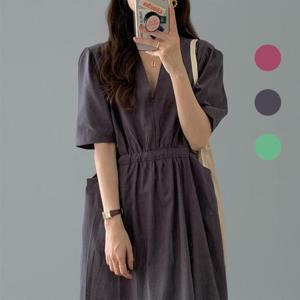 [써니 패션] 여성 여름 브이넥 포켓 데일리 롱 원피스