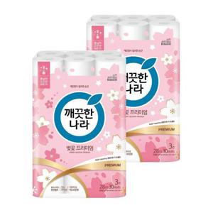 깨끗한나라 3겹화장지 벚꽃 프리미엄 28m 30롤 x 2팩 (60롤)