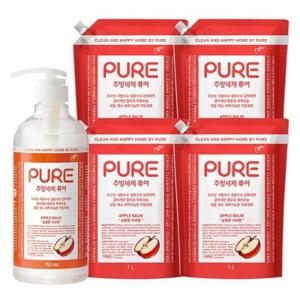 피죤 퓨어 주방세제 750ml + 1000ml x 4pk - 애플밤 깨끗한 설거지 강력한 세정 기름때 제거