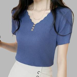 [체리캣] 여성 쿨터치 골지 브이넥 반팔 니트티 NT-29