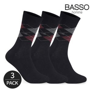 바쏘옴므 남성 아가일 자수로고 캐주얼 정장 장목양말 3P_BK