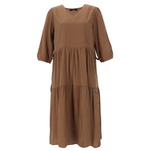 [에이비에프지]허리 셔링 디테일 V넥 솔리드 반팔 롱원피스 APY3HO40I