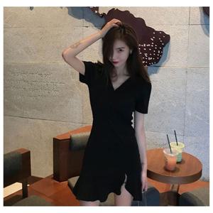 여성미니원피스 1P 여자 반팔 프릴 브이넥 치마 블랙