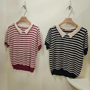 스테파니 HC07 물결 카라 스트라이프 반팔 니트 A25SW5230