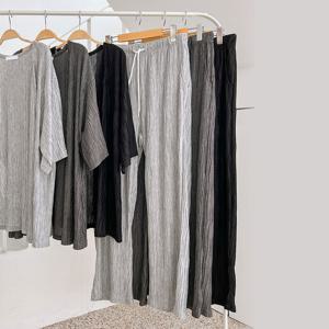 남여공용 여름 웨이브 플리츠 밴딩 팬츠 5C-PTS-Q023-블랙