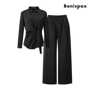 보니스팍스  새틴 벨트 셔츠 팬츠 투피스 (XP9ST011M0)