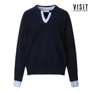 [비지트인뉴욕]V넥 셔츠 배색 이중 니트 (V5ALK01)