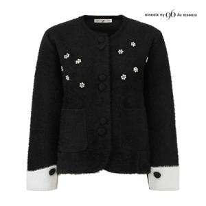 나인식스뉴욕  배색 소매 플라워 노카라 퍼 가디건 (NPBKG013M0)