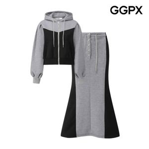 GGPX  기모 배색 후드 집업 점퍼 앤 머메이드 롱 스커트 (GPBST006F)