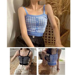 러블리 체크패턴 하트페이크단추 여성 체크 크롭 나시