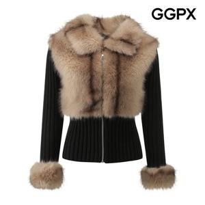 [지지피엑스]시크 페이크 퍼 배색 골지 집업 니트 가디건 GPBKG031F